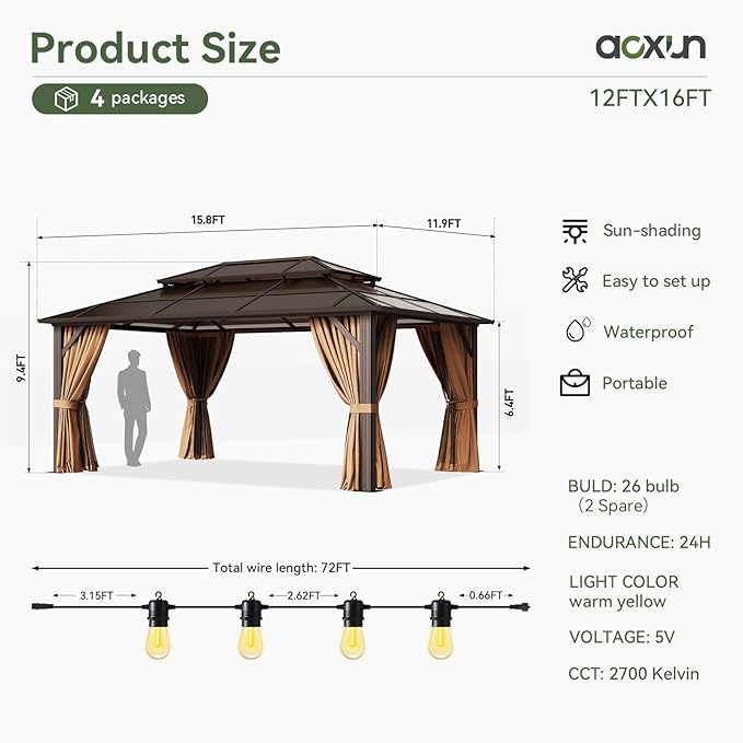 Aoxun 12'x16' Hardtop Gazebo, Aluminum Frame Permanent Pavilion with Curtains and Netting, Outdoor Polycarbonate Double Roof Canopy, and LED Outdoor Waterproof Hanging Lights