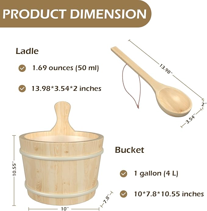 Sauna Bucket and Ladle, Sauna Accessories Made of Hand-Made Camphor Pine, Wooden Sauna Set with Plastic Lining and Handle