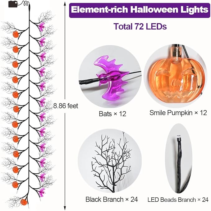 Halloween Garland with Lights 8.86FT 72LED Willow Vine Twig with Timer Black Garland Lights with Orange Pumpkins Purple Bats and Black Leaves Dead Branches Halloween Decorations Indoor Outdoor