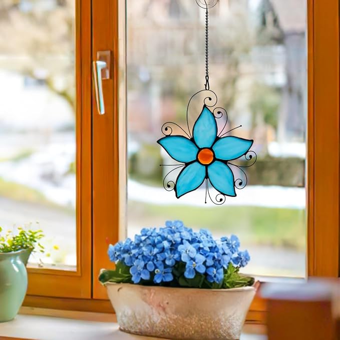 Forget Me Not Flower Decor Stained Glass Window Hanging,Blue Flower Ornaments Suncatcher for Window,Best Gifts for Mother,Women,Valentine's Day,Birthday
