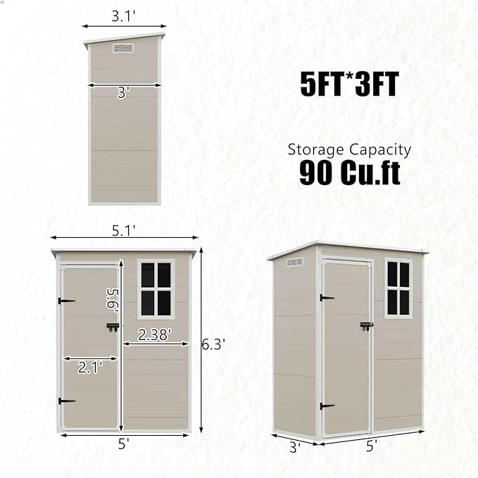 Outdoor Shed 5x3/6x4/7x7/8x6/8x10/8x12 FT, 15MM Thick PP Resin Plastic Shed with Lockable Door & Floor - Waterproof Plastic Tool Shed for Bike, Garbage Can, Backyard, Patio ﻿ ﻿ (Light Brown, 5X3FT)