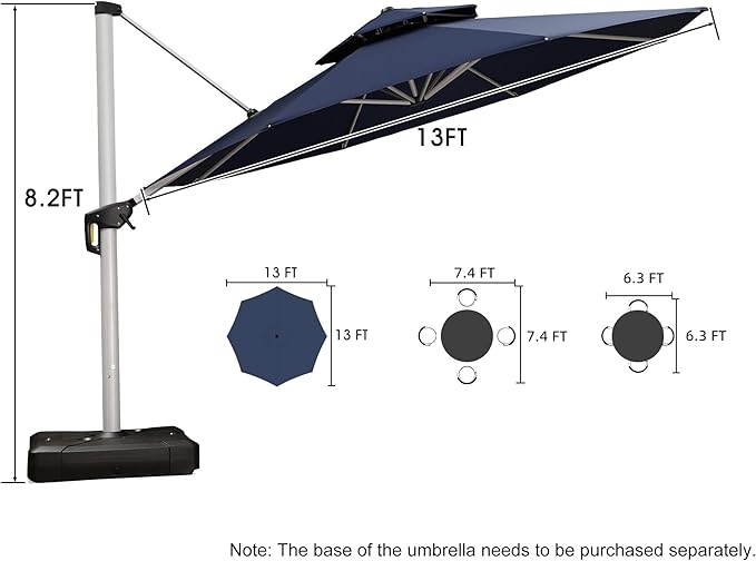 PURPLE LEAF 13 Feet Double Top Round Deluxe Patio Umbrella Offset Hanging Umbrella Outdoor Market Umbrella Garden Umbrella, Navy Blue