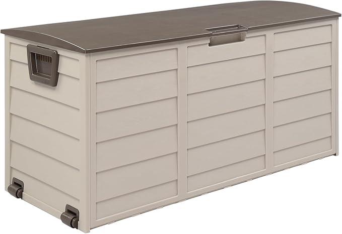 75 Gallon Resin Deck Box, Waterproof Outdoor Storage Box with Wheels, Lockable Lid and Handles, Large Deck Storage for Outdoor Gear, Patio Furniture Cushion, Gardening Tools, Brown
