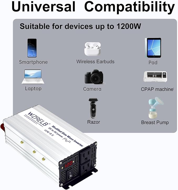 WZRELB 1200W Power Inverter 24V DC to 110V 120V AC,2400W Peak Modified Sine Wave Car Inverter with LED Display,Dual AC Outlets,Soft Starter,Off-Grid Power Converter with High Efficiency up to 90%