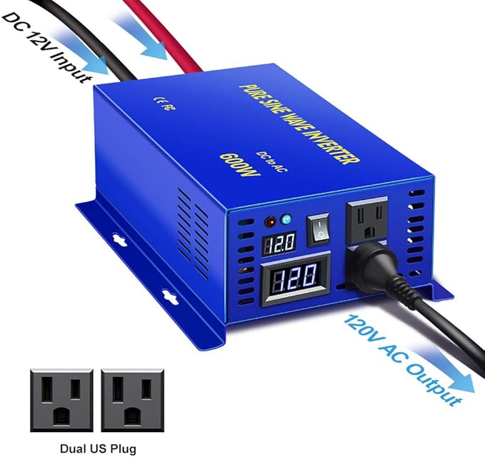 600W Pure Sine Wave Inverter 12v to 110v 120v Solar Power Inverter dc to ac Dual US Plug for Car (600W12V-cable)