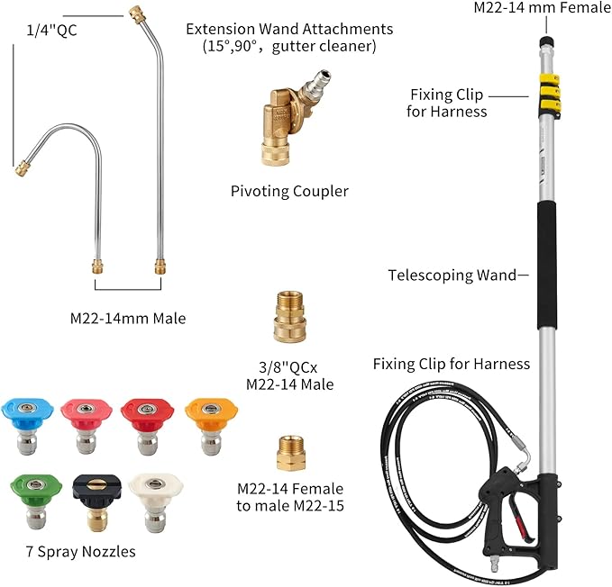 18 FT Telescoping Pressure Washer Wand with Power Washer Extension Wand, Gutter Cleaner Attachment, 5 Spray Nozzle Tips and 2 Hose Inlet Adapters