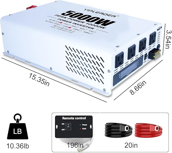 Yinleader 5000W Power Inverter 12V DC to 120V AC, 10000W Peak, with Remote Control, 4 AC Outlets, LCD Display, USB Port, for Truck/RV/Home/Off-Grid Solar System