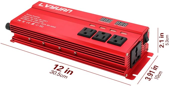 Yinleader Car Power Inverter 1000W/2000W(Peak) DC 12V to 110V AC Converter with Intelligent LED Display 4 AC Outlets 4 USB Charger for RV Caravan Truck Laptop(Red)