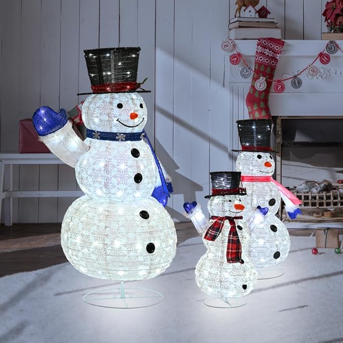 3 Piece Pre-lit Christmas Snowman Family, 270 LED 3D 2ft+3ft+5ft Lighted Snowman for Outdoor Indoor Xmas Decorations