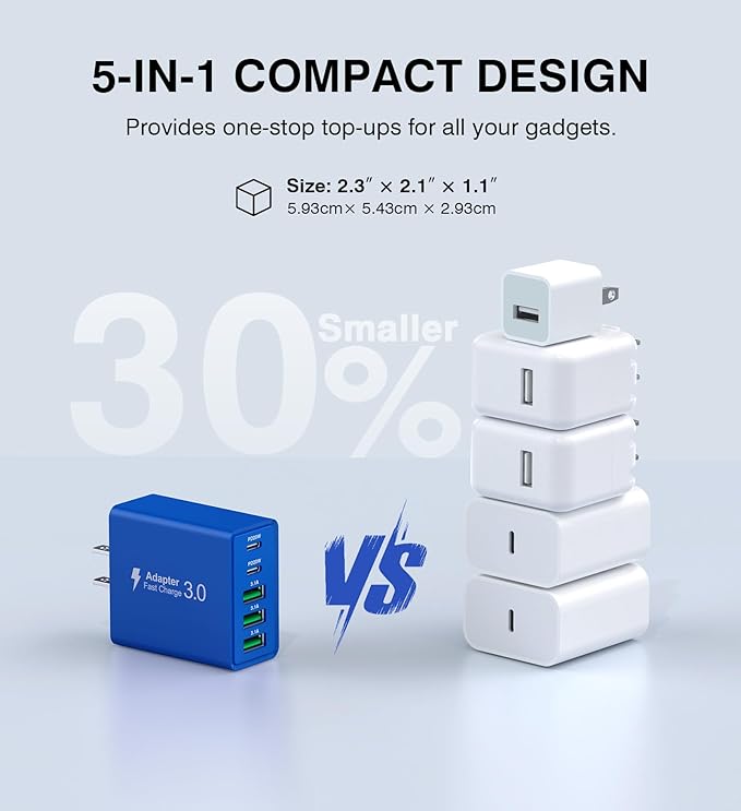 USB C Wall Charger, 50W USB C Charger Block 2-Pack 5-Port PD Fast Charging Blocks,Multiport 2USB C+3USB A Plug,Type C Power Adapter Brick Cube for iPhone 16/15/14/13,Samsung,for Switch（Dark Blue）
