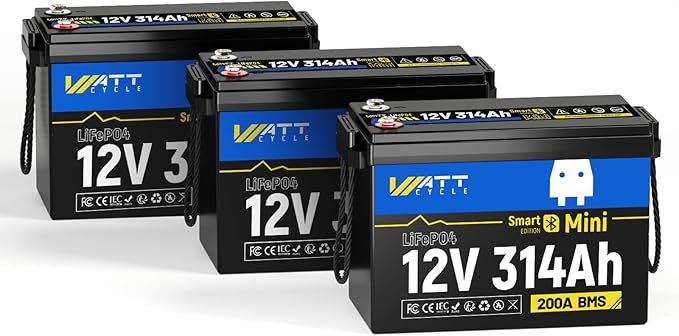 WattCycle 12V 314Ah (300Ah Equivalent) Mini LiFePO4 Lithium Battery - Bluetooth 5.0, 200A BMS, 4.01kWh Energy, Aluminum Cooling Fins & Braided Copper Wires for RV, Marine, Solar Home Storage (3 Packs)