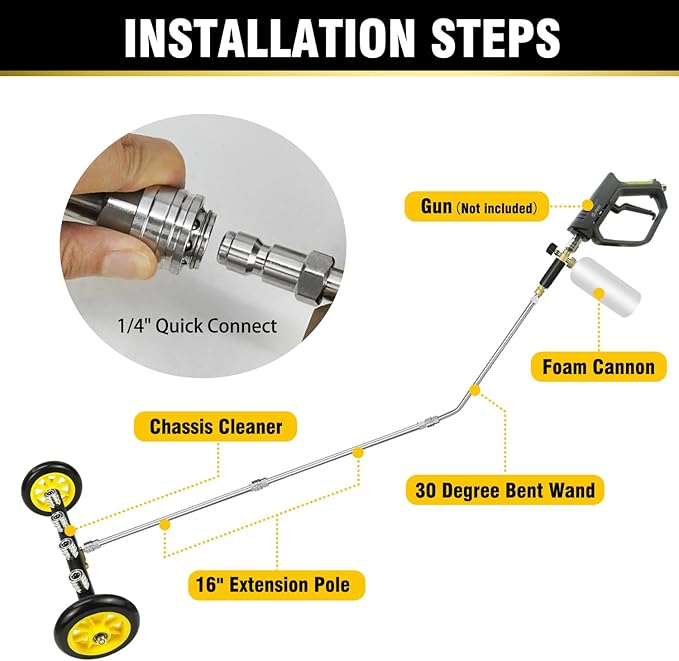 JANZ 16'' Pressure Washer Undercarriage Cleaner and Water Broom Attachment with Foam Cannon, 3 Pcs Extension Wands and 16 Nozzles - 4000PSI, 1/4'' Connector - for Electric and Gas Power Washers