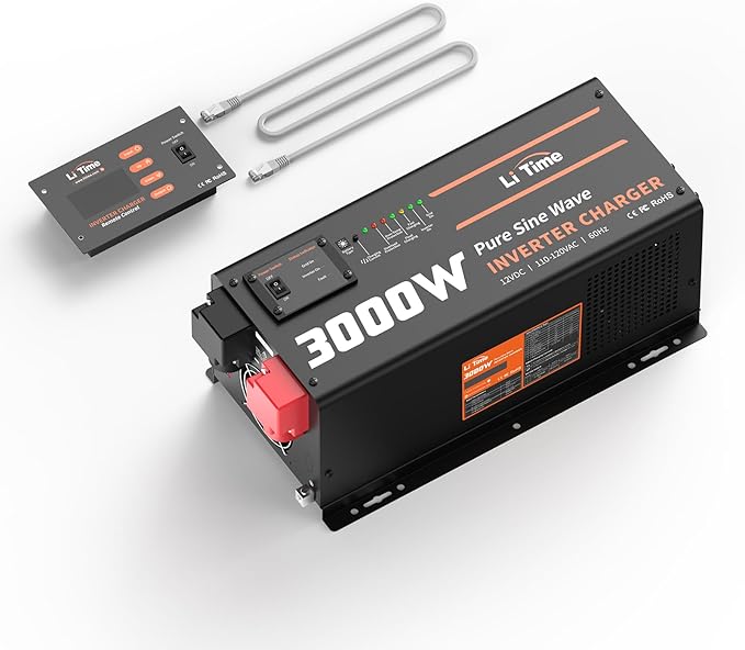 LiTime 3000W Pure Sine Wave Inverter Charger, 12V DC to 110V - 120V AC, 9000W Peak Power, 5A - 45A Adjustable Current, with Remote Control Panel, UPS Function, for RV and Home Backup