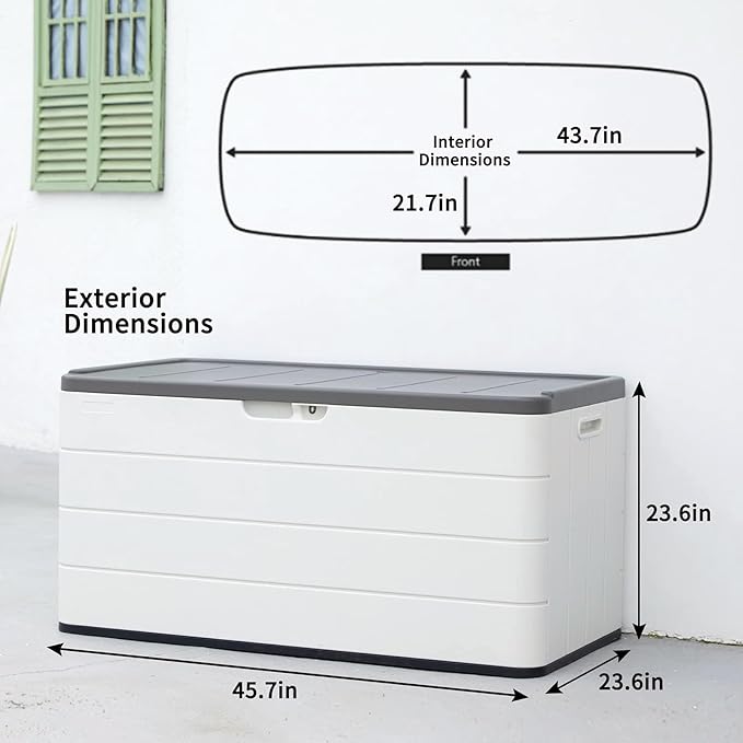 110 Gallon Deck Box Waterproof,Double-Wall Resin Outdoor Storage Boxes, Deck Storage for boat slip storage,Cushions, Pool Float, Garden Tools,Patio Furniture, Lockable (OFF-WHITE)