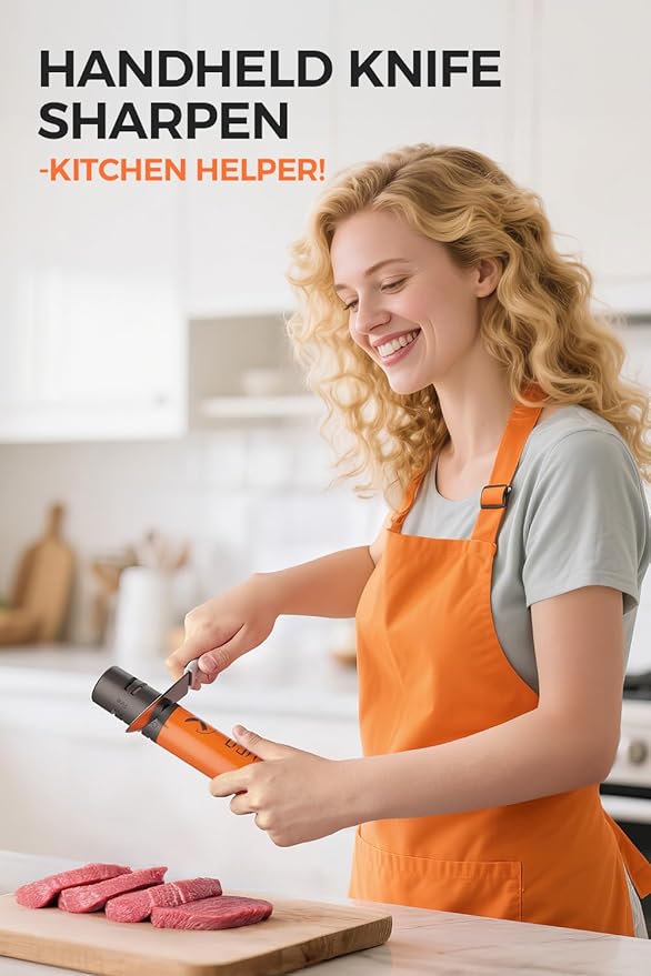 Electric Knife Sharpener, 3 Speed Max 7000RPM Handheld Sharpener for Kitchen Knives, the Electric Knife Sharpening Tool of Portable Cordless Rechargeable 2000mAh (Orange)