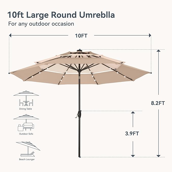 PHI VILLA 10ft Patio Umbrella with Solar Lights, Outdoor 3 Tier Vented Large Market Table Umbrella with 8 Sturdy Ribs and 1.5" Umbrellla Pole for Lawn Poolside Garden Terrace, Beige & Tan