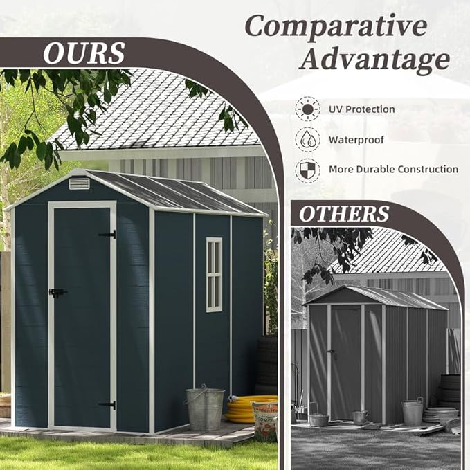 4x8 FT Resin Outdoor Storage Shed with Floor and Window, Outside Waterproof Plastic Garden Sheds w/Lockable Door & Vents, All-Weather Tool House for Patio, Backyard, Lawn, Dark Gray