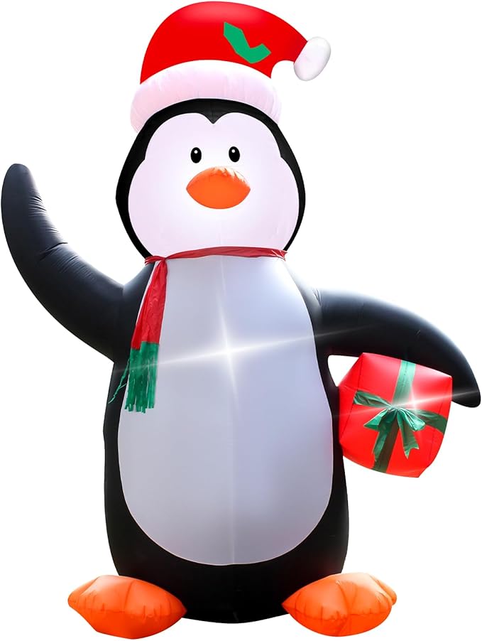 12 Feet Christmas Inflatable Penguin Holding Gift LED Lights Outdoor Decoration for Lawn Garden Entrance Holiday Party Festive Atmosphere Cute Toy