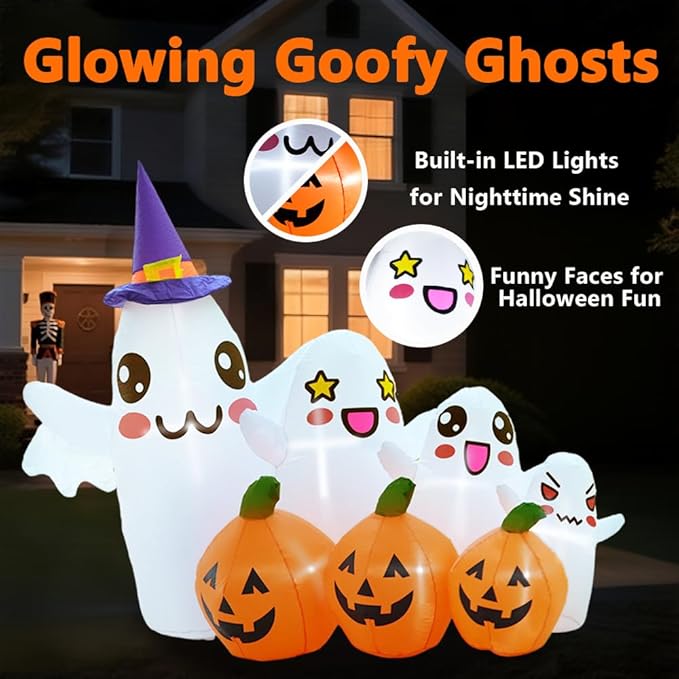 GARIG 7.2FT Halloween Inflatables Outdoor Decorations Ghost and Pumpkin Build-in LEDs Lights Blow Up Yard Decorations for Garden Lawn Indoor Party Holiday Decor
