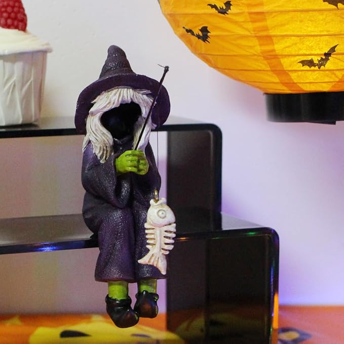 Fishing Witch Statue Funny Halloween Decorations, 4.7 Inch Sitting Witch Figurine Shelf Sitter Resin Sculpture for Outdoor Garden Yard Lawn Pond Waterfalls Pool Ornaments