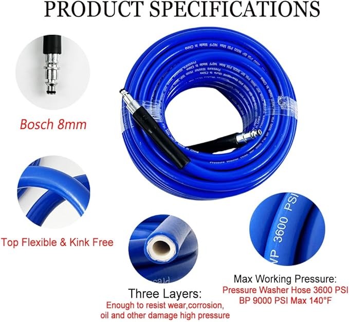 5800PSI/400Bar Ultra Flexible Pressure Washer Hose for Bosch Home Cleaning, 5M-30M High Pressure Extension Tube with Quick-Connect Adapter,(Red/Blue/Yellow/Green/Grey/Orange/Light Blue)(Blue,95FT)