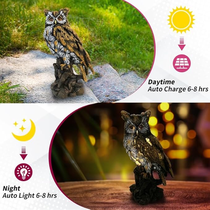 Solar Owl Resin Statue Hand - Painted Garden Decor with LED Light, Perched on Tree Stump Figurine for Outdoor Indoor Yard Patio Home Decoration