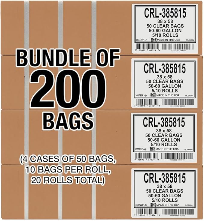 Aluf Plastics 55-60 Gallon 1.5 MIL Clear Garbage Bags - 38" x 58" - Pack of 200 - For Contractor, Industrial, Healthcare, & Municipal