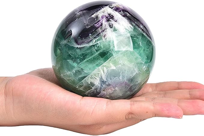 JIC Gem 3.1-3.5 inch(80-90mm) Large Crystal Ball Feather Fluorite Healing Crystals Sphere with Wooden Stand Meditation Home Decor