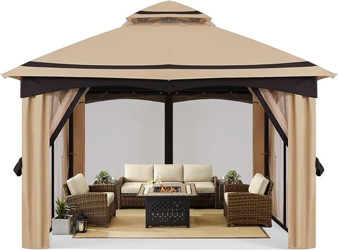 MASTERCANOPY 10x10FT Outdoor Patio Gazebo with Mosquito Netting for Backyard, Patio, Garden Beige