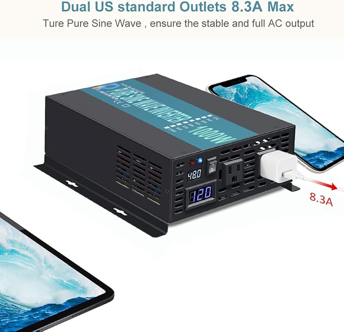 WZRELB 1000W 48V 120V Pure Sine Wave Power Inverter with 2 AC Outlets,Car Inverter