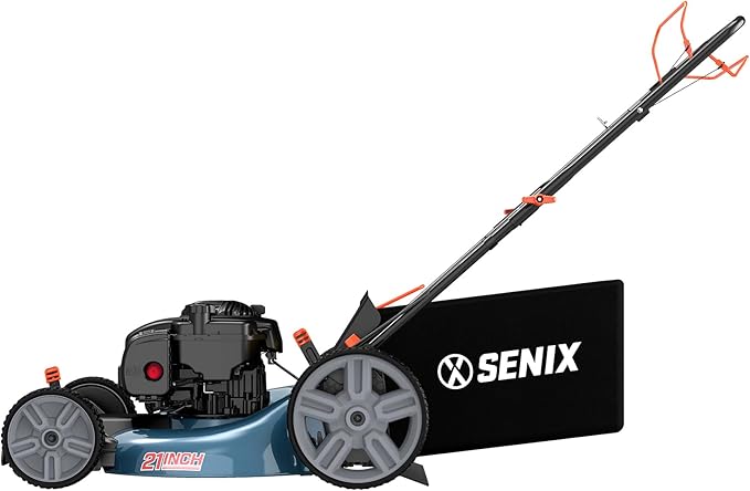 SENIX Self Propelled Gas Lawn Mower 21''- 140 cc 4-Cycle Briggs & Stratton Engine, 3-in-1 Bagging, Mulching, and Side Discharge, 6 Heights Adjustment, Gas Lawn Mower