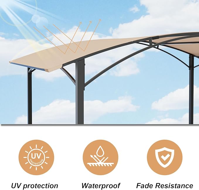 Gotland 8'x 5' Outdoor Grill Gazebo, BBQ Canopy Shelter with 2 Metal Openwork Shelving Units & 5 Tool Hooks, Curved Waterproof Top for Party, Backyard, Poolside Khaki