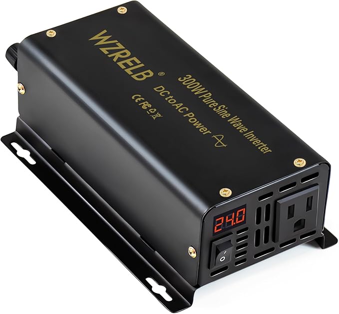 WZRELB 300W Pure Sine Wave Power Inverter 600W Peak DC 24V to 110V AC Car Adapter Off Grid with LED Display