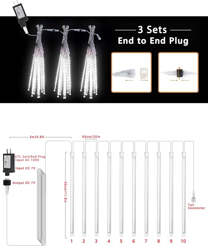 White 10 Tube 240 LED Raindrop Meteor Shower Icicle Lights with Timer Function for Holiday Party Christmas Decorations