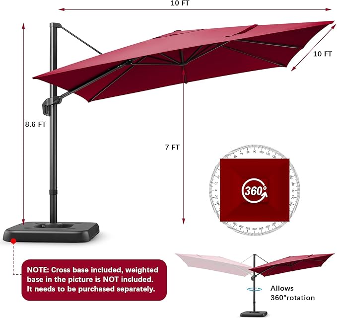 Hotime 10ft Patio Umbrella Outdoor Patio Windproof and Height adjustable, Heavy Duty Aluminum Square Offset Patio Umbrella Cantilever Pool Umbrella with 360°Rotation for Garden Deck Pool, Wine Red