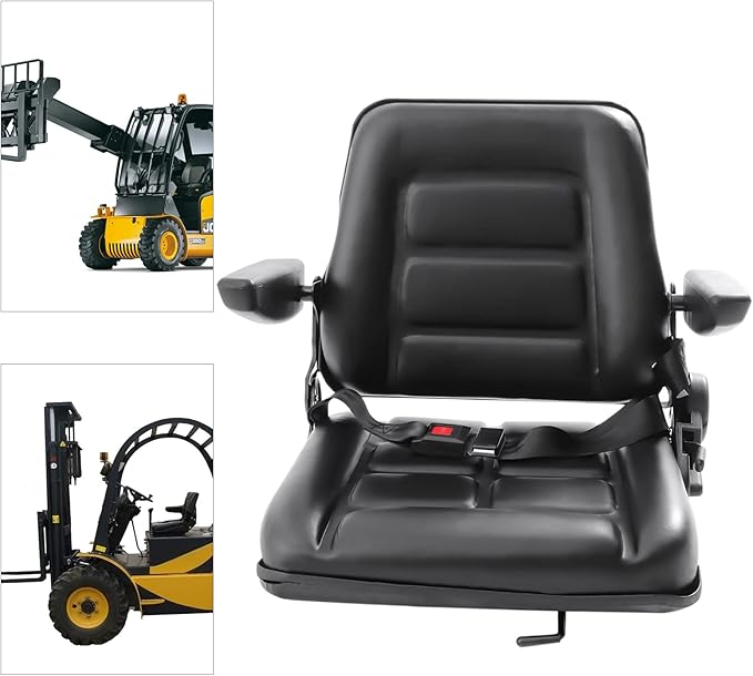 Lawn Mower Seat, Garden Tractor Seat, Tractor Suspension Seat, PVC Tractor Seats Universal Fold Down Forklift Seat with Adjustable Angle Back, Armrest and Safety Belt