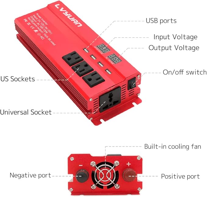 Yinleader Car Power Inverter 1000W/2000W(Peak) DC 12V to 110V AC Converter with Intelligent LED Display 4 AC Outlets 4 USB Charger for RV Caravan Truck Laptop(Red)