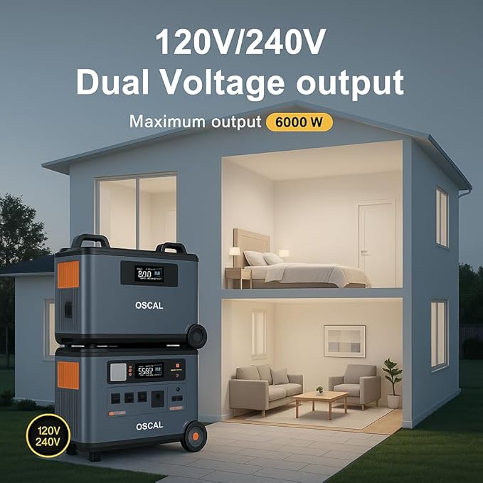 OSCAL PowerMax 6000 Solar Generator, 3600Wh/6000W Power Station with 2x500W Solar Panels, 120V/240V Split Phase Voltage AC Outlets (9000W Peak), 2400W Solar Charging,Emergency for Home,Battery Backup