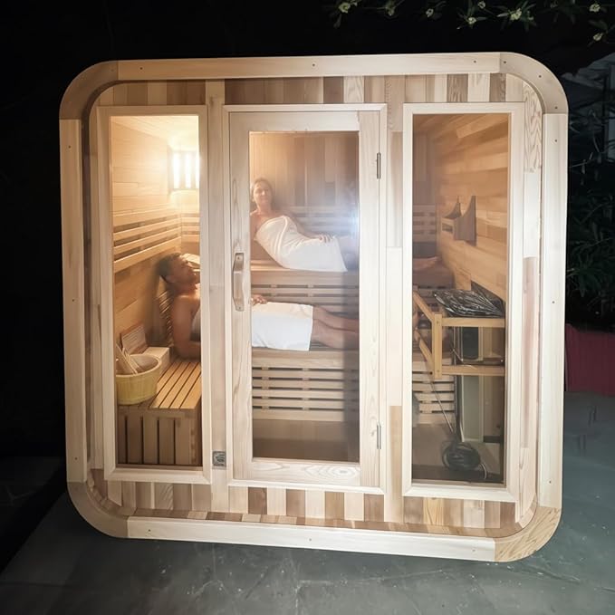 Outdoor Wood Sauna, Canadian Cedar Sauna 6 Person, 6 KW ETL Harvia Heater, with Front Large Glass Windows, Square with Wooden Bucket,Spoon(0-195 °F)