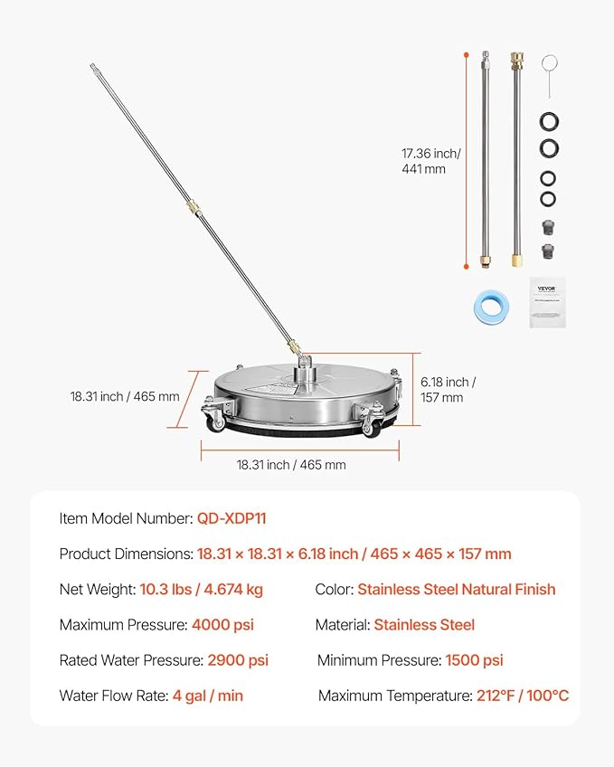 VEVOR 18" Pressure Washer Surface Cleaner, Stainless Steel Pressure Washer Attachments with 4 Wheels, 4000 Max PSI, 1/4 Quick Connector, 2 Spray Nozzles, 2 Extended Wands for Concrete, Patio, Deck