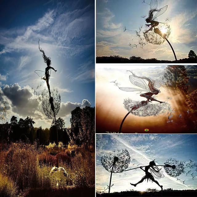 Flower Fairy Dancing with Dandelion, Art Sculpture Fairies for Fairy Garden, Angel Metal Ornaments Gardens Art Sculpture, Outdoor Decorations for The Courtyard, Christmas and Halloween Lawn (E)
