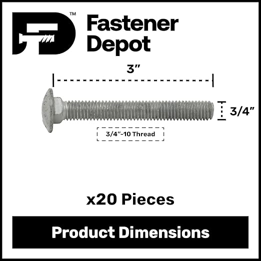 3/4"-10 x 3 (20 Pack) Hot Dipped Galvanized Carriage Bolt Grade 307A for Exterior Use by Fastener Depot