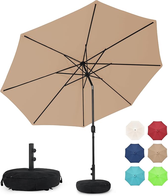 Sundale Outdoor 11 ft Patio Umbrella with Sand Bag Umbrella Base Included, Outdoor Umbrella with Tilt and Crank, Tan
