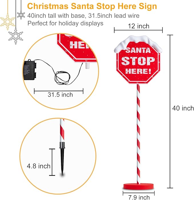 Christmas Santa Stop Here Lights 40-inch Pre-lit Christmas Yard Decorations with 30 Multi-color LEDs Battery Operated 8 Lighting Modes for Xmas Lawn Patio