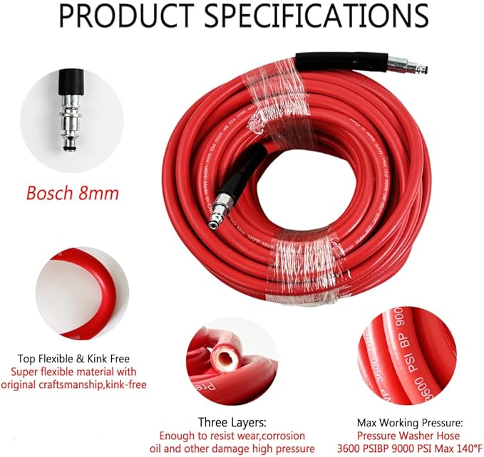 5800PSI/400Bar Ultra Flexible Pressure Washer Hose for Bosch Home Cleaning, 5M-30M High Pressure Extension Tube with Quick-Connect Adapter,(Red/Blue/Yellow/Green/Grey/Orange/Light Blue)(Red,16FT)