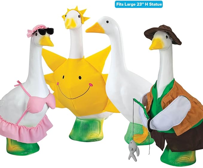 Goose Summer Bundle, Includes One Large 23 inch White Goose and Three Summer Outfits Bundle, Sun, Bikini and Fisherman Goose Outfits Included