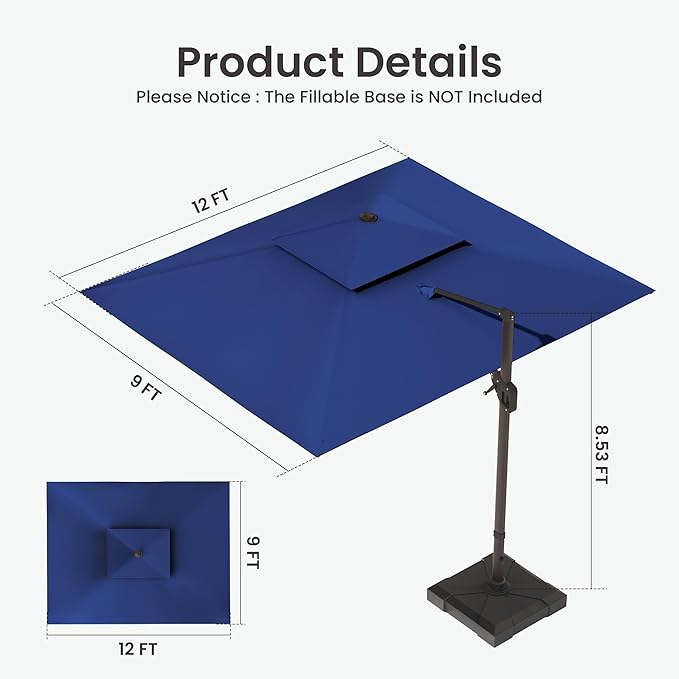 9x12 FT Cantilever Patio Umbrella Double Top Outdoor Rectangular Large Heavy Duty Aluminum Offset Umbrellas with 7 Level Tilt 360-degree Rotation for Pool Garden Deck, Navy