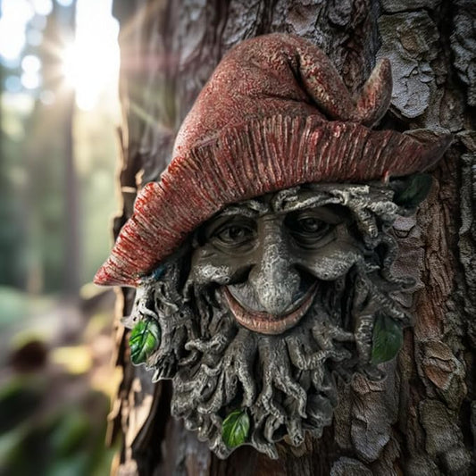 Tree Face Sculpture, Funny Red Cap Old Man Tree Hugger Statue, Indoor & Outdoor Creative Props for Garden and Home,9" x 7" x 2.4"