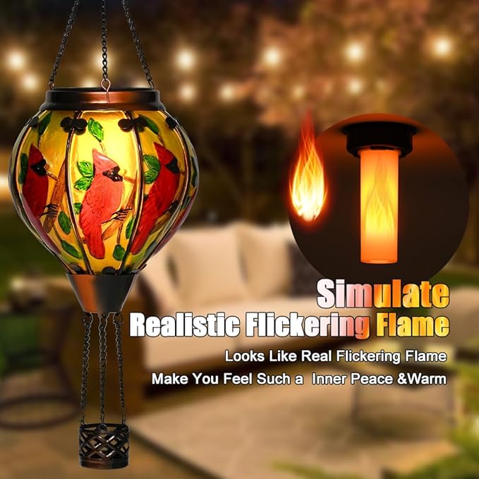 Hot Air Balloon Solar Lantern - Large Cardinal Bird Glass Lantern, Simulated Flickering & Dancing Flame, Big Outdoor Hanging Yard Light Waterproof IP65 for Patio Lawn Porch Decor Gift