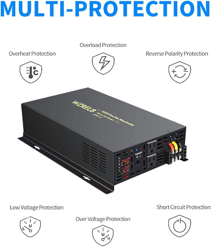 WZRELB 2000W 24VDC 120VAC Pure Sine Wave Power Inverter with 2 AC Outlets Wired Remote Control Car Inverter (RBP-200024WR)